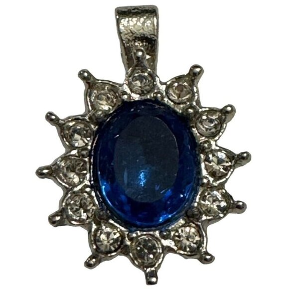 Jewelry Necklace Pendant Blue Center Oval Silver-Tone White Clear Rhinestones - Picture 2 of 5